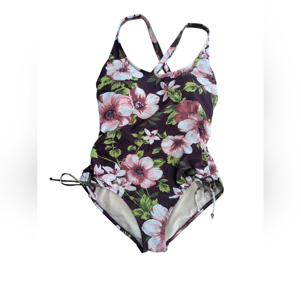 Kona Sol Swimsuit Purple Pink Green Floral One-piece Bathing suit Size L *GUC